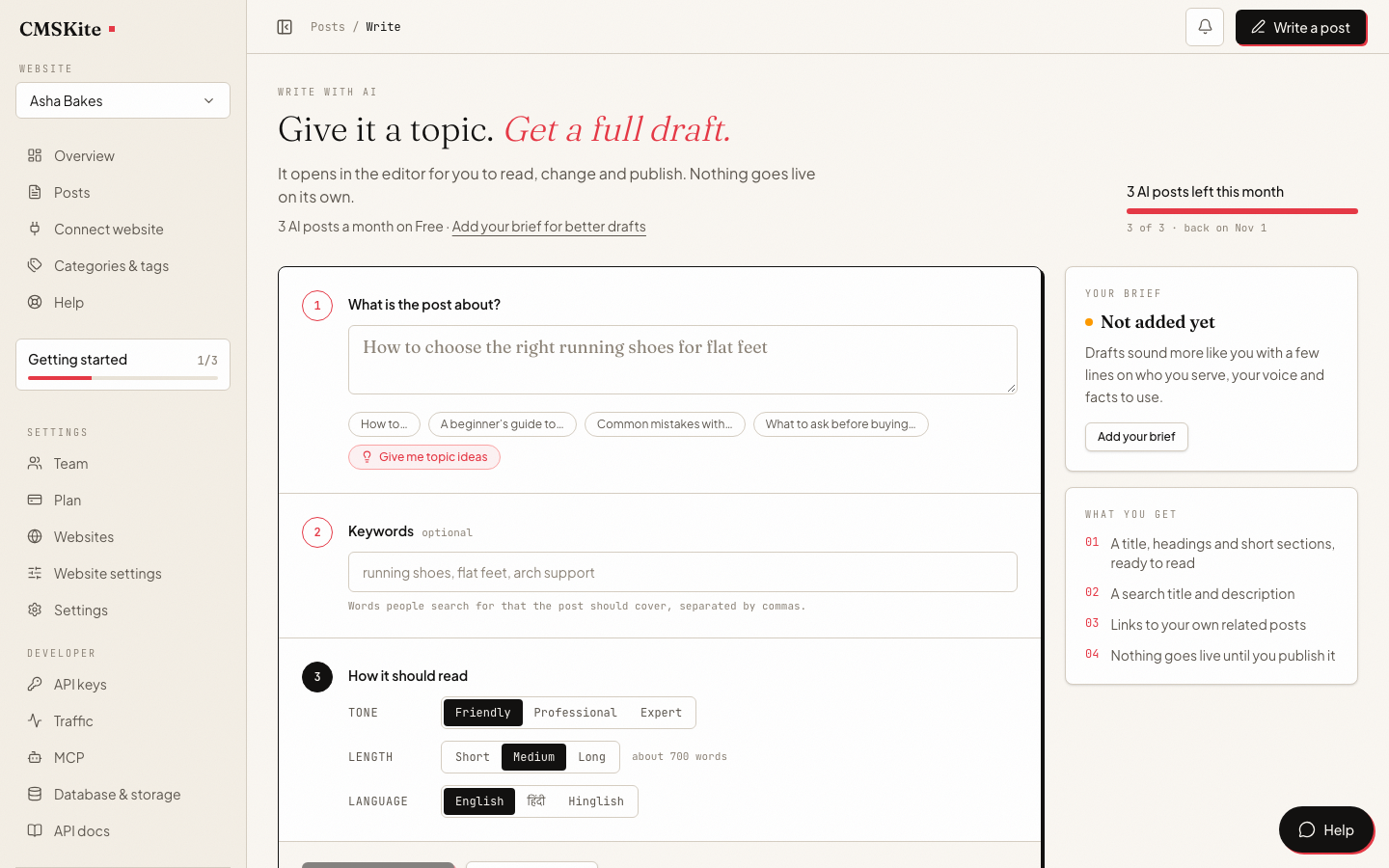 The Write with AI page: a topic box, keywords, tone, length and language, and the Write my draft button.