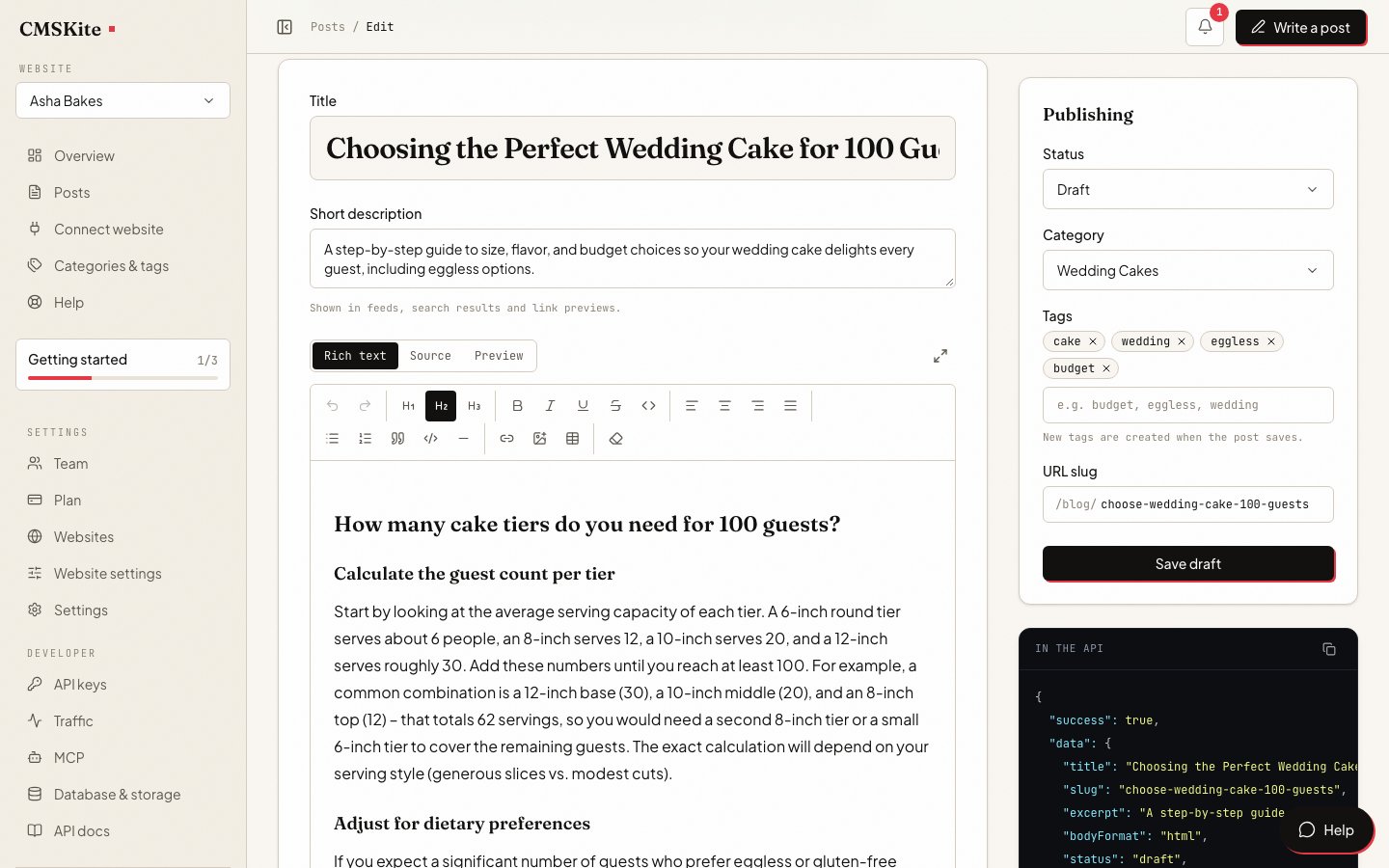 A draft written with AI open in the CMSKite editor, with its title, headings and body, and the post settings beside it.