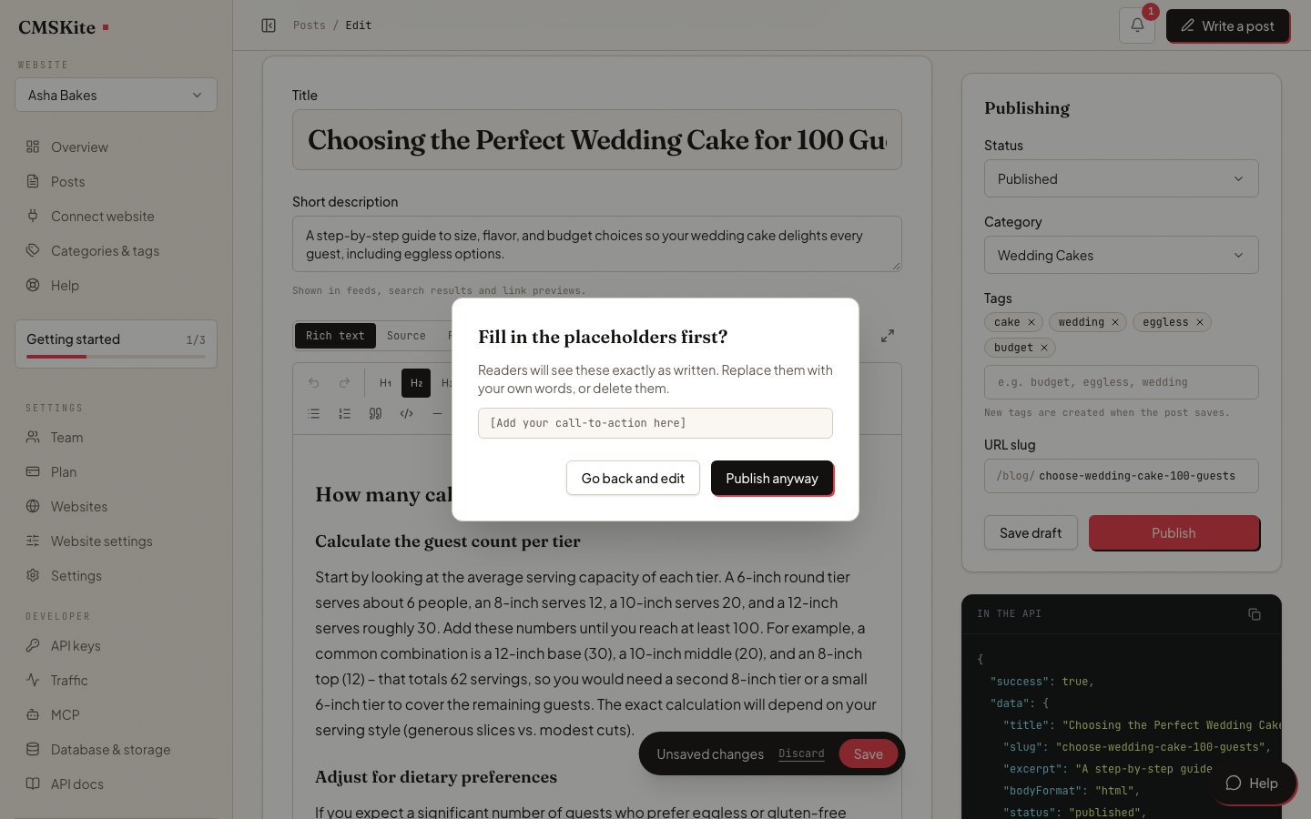 The editor asking before publishing: this post still has placeholders, with each one listed, and the choice to go back and edit or publish anyway.