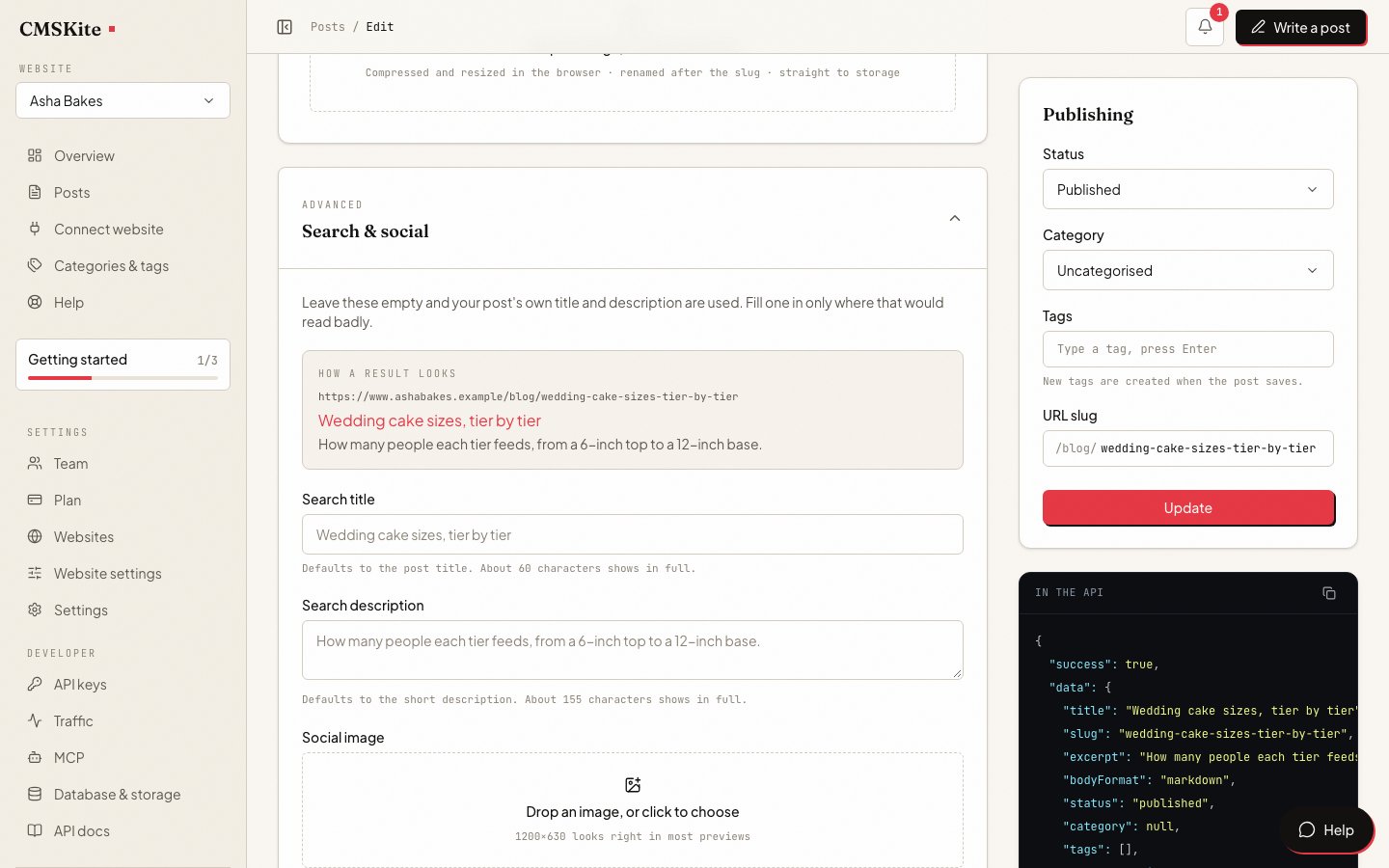 The CMSKite post editor’s search settings: the URL slug, a search title with a character count, a search description, and a preview of how the post looks in a results page.