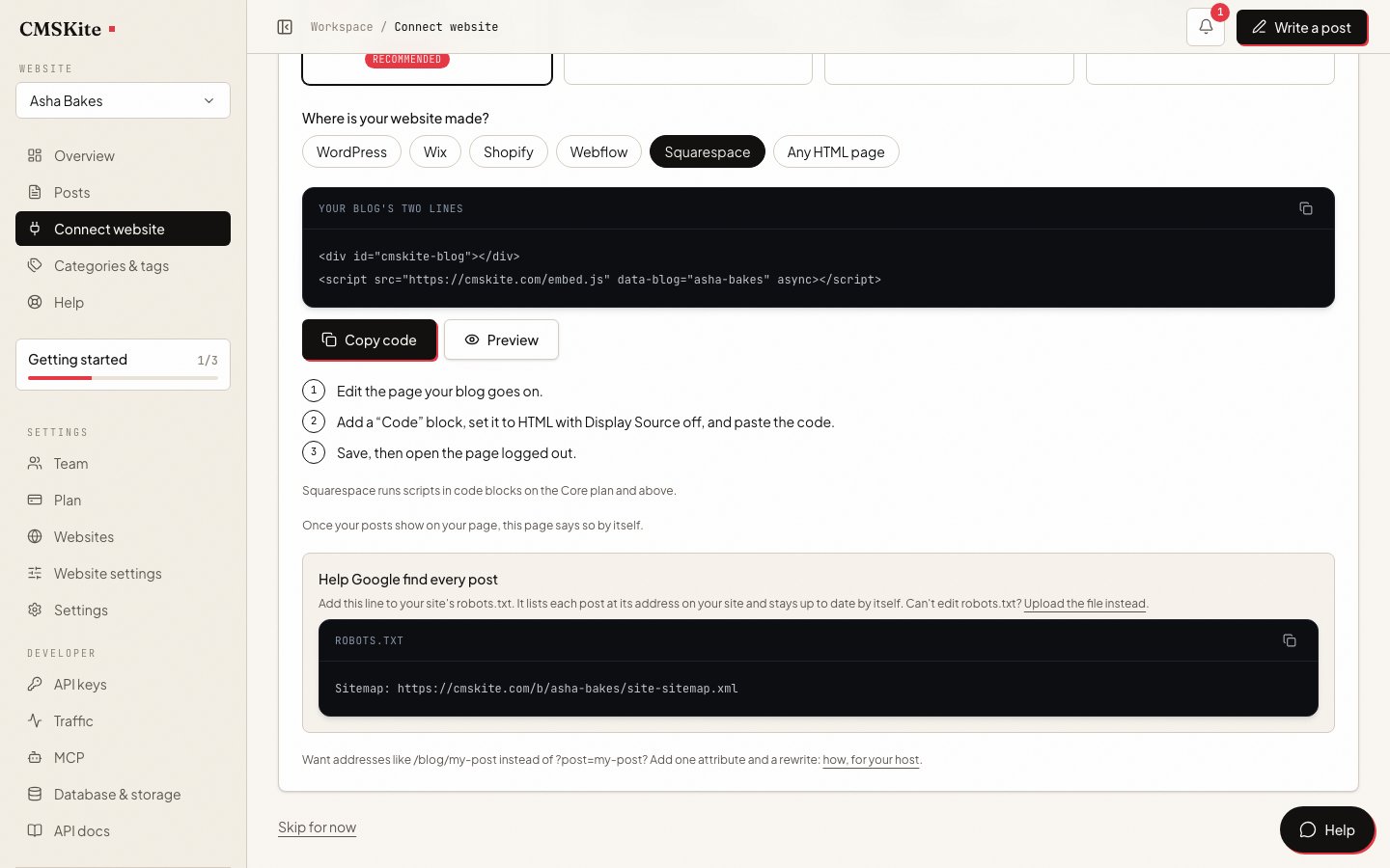 CMSKite’s Connect your website screen with Squarespace selected, showing the three Squarespace steps and the two lines of code to copy.