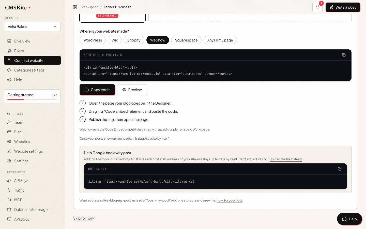 CMSKite’s Connect your website screen with Webflow selected, showing the three Webflow steps and the two lines of code to copy.