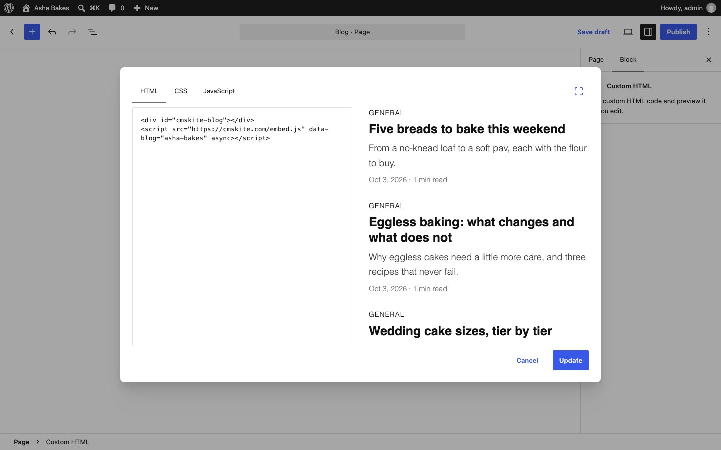 WordPress 7’s Edit HTML window for a Custom HTML block, with the two CMSKite lines pasted into the HTML tab.